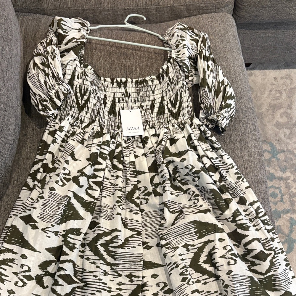 Misa Los Angeles Olive and White Smocked Dress